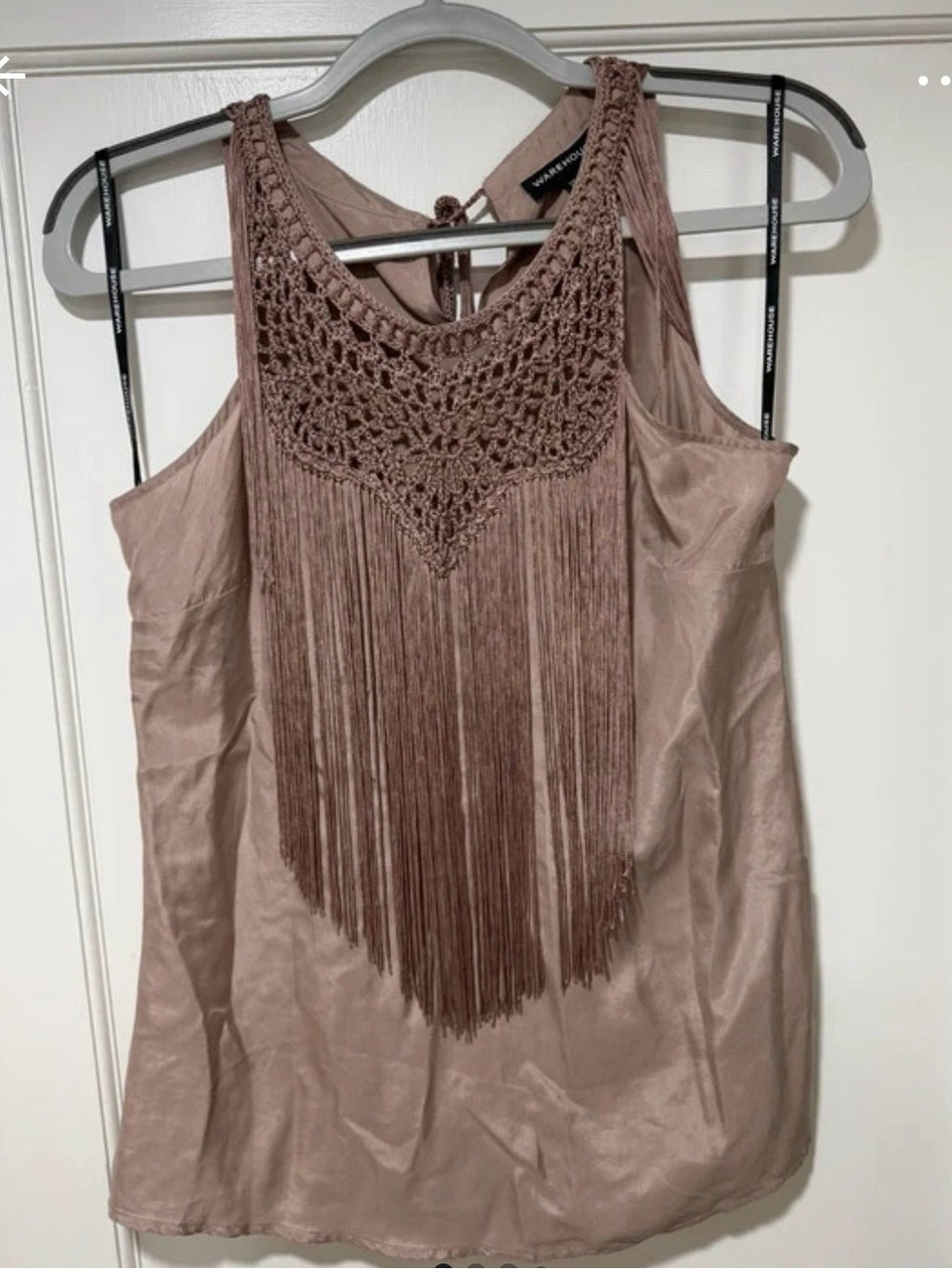 100% Silk Warehouse Blush Pink Fringe Crochet Neck Tank Top
